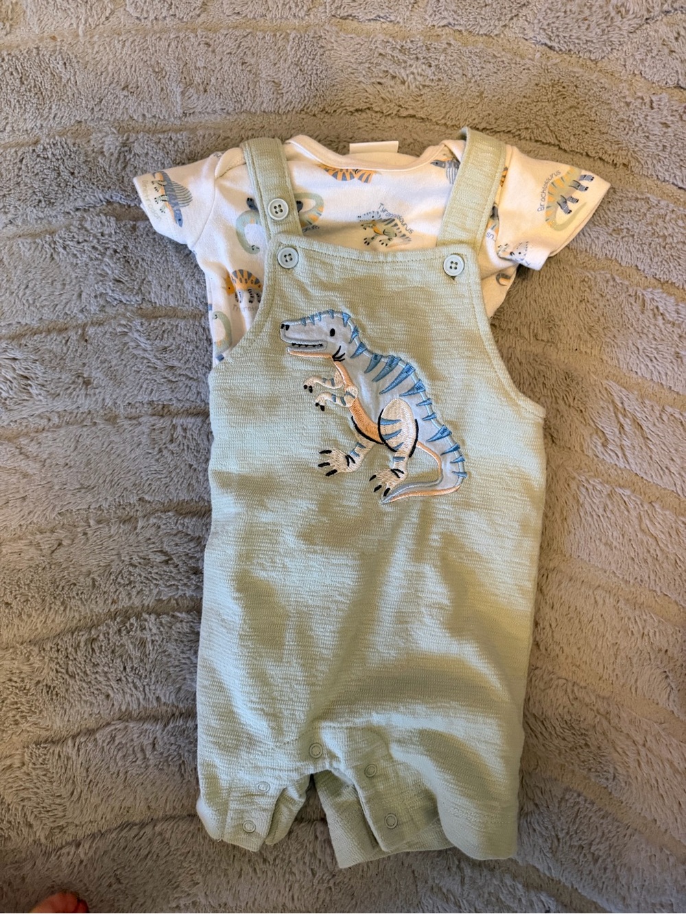Petit Lem Light Green Dino Appliqué Overalls